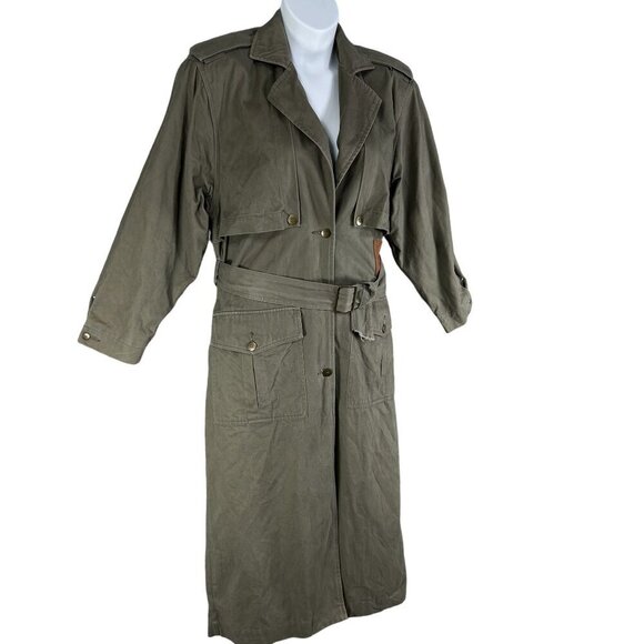 Together Women 8 Military Style Trench Coat Olive Green Leather Trim Grunge Goth - Picture 6 of 16